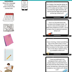 May include: An educational worksheet titled "MY DAY AT SCHOOL - GUESSING READING GAME" for grades 3rd-5th. The worksheet features instructions, a narrative, and questions on laptops, alongside illustrations of school items like a calendar and pencil.
