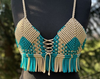 Handmade macrame top, For festival top, Country style clothing, Cowgirl outfit for party, Two color top, Boho style outfit, Beach party crop