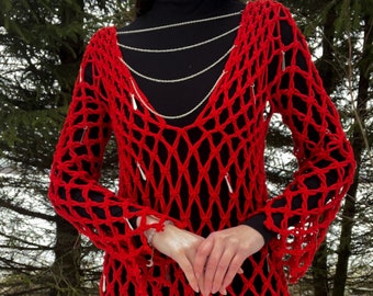 Red macrame dress, Valentine's day dress, Red handmade dress, Macrame dress with accessories, Beach style dress, Red dress for party.