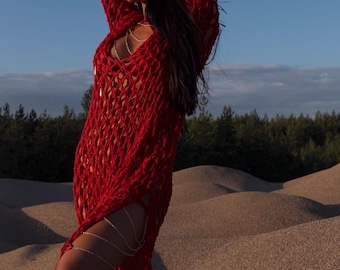 Red macrame dress, Christmas dress, Red handmade dress, Macrame dress with accessories, Beach style dress, Red dress for party, Boho dress.