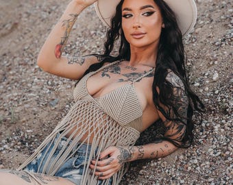 Macrame Boho Festival Dress: Handmade Beige Party Outfit
