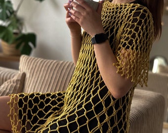 Macrame net dress, Fashion style mesh dress, Exclusive clothing, Brown color outfit for party, Beach outfit, Festivals handmade clothing.