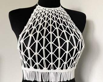 Macrame handmade top, White top for parties, Beach party outfit, Vacation outfit, Top for festivals looks, Festival white top.