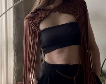 Handmade macrame shoulder, Festival wear, Country style clothing, Brown outfit for party, Brown boho shoulder, Birthday party outfit.
