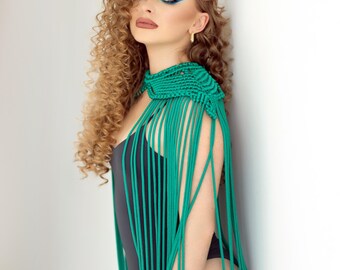 Green handmade macrame top, Festival wear, Country style clothing, Green outfit for party, Green boho shoulder, Birthday party outfit.