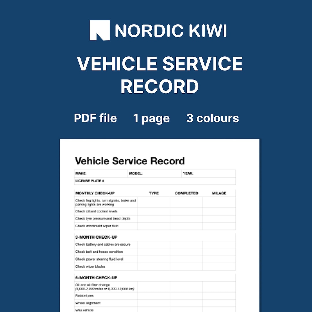 Vehicle Service Record Form Printable PDF Maintenance Log Car Templates