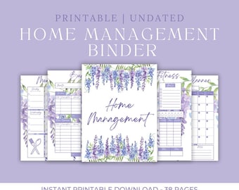 May include: A printable, undated home management binder with a lavender floral design. The binder includes pages for meal planning, budgeting, fitness tracking, and a monthly calendar. The cover reads "Home Management".