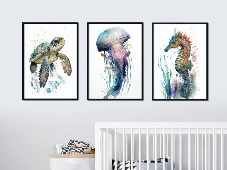 Nursery Sea Animal Wall Art Watercolor Baby Home Décor Animal Etsy