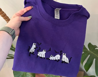 Halloween Embroidered Black Cat Crewneck | Gildan Sweatshirt