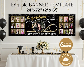 2'x6' Graduation 2026 Photo Collage BANNER TEMPLATE, Printable DIY Personalized Grad Party Sign 24"x72", Editable in Canva