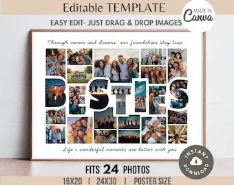 Editable BESTIES Photo Collage Word Frame TEMPLATE, Personalized Friendship Wall Art Poster, Custom DIY Printable Friends Day/Birthday Gift