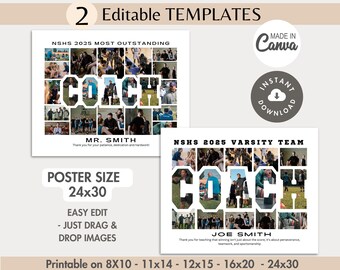 2-Editable COACH Word Photo Collage TEMPLATES, Printable Personalized Sports Team Poster, Custom DIY End of Year Thank You Gift