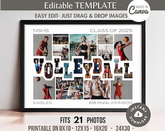 Editable VOLLEYBALL Word Photo Collage Frame TEMPLATE Custom Sports Team Poster/Banner DIY Personalized Senior Athlete/Player/Coach Gift