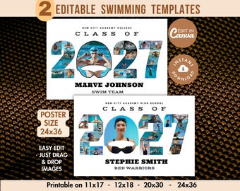 2027 SWIMMING Photo Collage Canva TEMPLATE,  Printable DIY Personalized Senior Night Swim Team Poster or Banner Sign, Memory Keepsake Gift