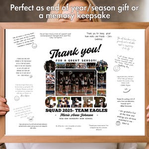 May include: A white framed print with a collage of cheerleaders and the text "Thank you! For a great season!"  The print also includes the text "Cheer Squad 2025 - Team Eagles - Marie Anne Johnson - New Era Academy High School".