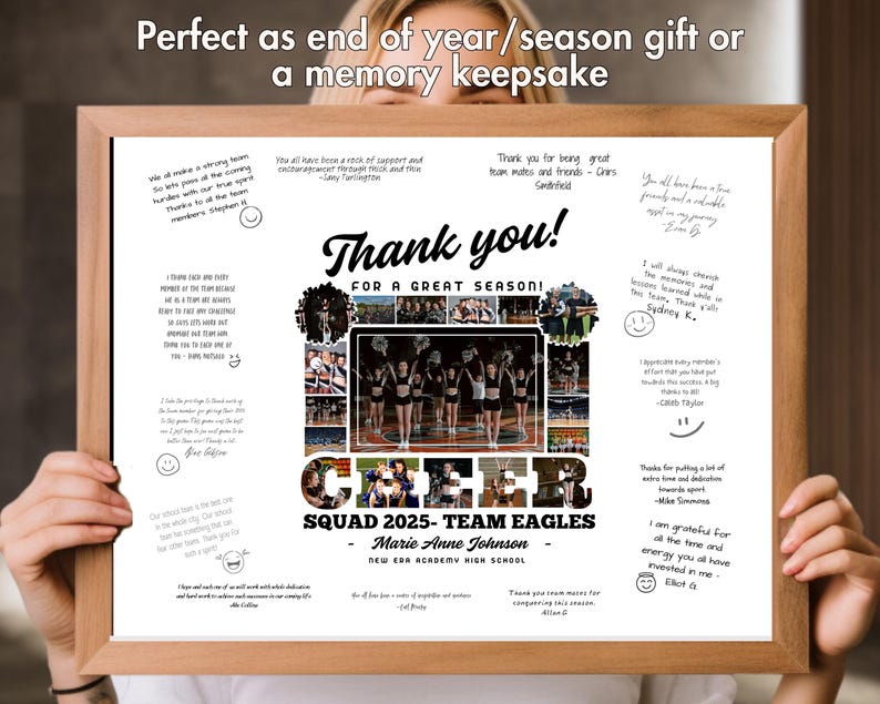 May include: A white framed print with a collage of cheerleaders and the text "Thank you! For a great season!"  The print also includes the text "Cheer Squad 2025 - Team Eagles - Marie Anne Johnson - New Era Academy High School".