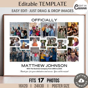 Colagem de fotos APOSENTADO Moldura de palavras Modelo editável Canva Pôster de festa de aposentadoria personalizado para impressão DIY Presente de aposentado personalizado 16x20 Impressão