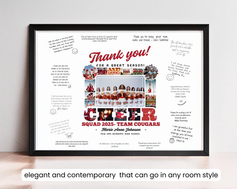 May include: A white framed print featuring a collage of cheerleaders in red and white uniforms. The print includes the text "Thank you! For a great season!" and "Cheer Squad 2025 - Team Cougars - Marie Anne Johnson - New Era Academy High School".