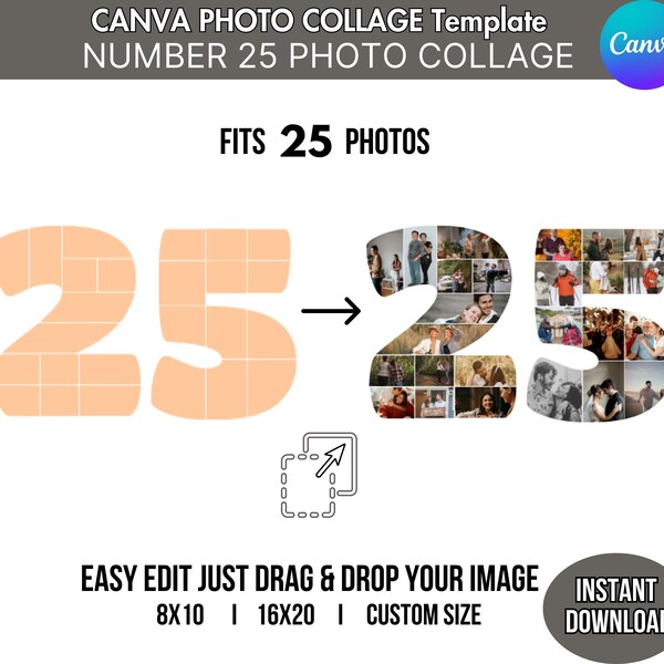 Number 25 Photo Collage Pic 25th Anniversary Birthday Printable Gift Party Poster Banner Sign CUSTOM DIY Editable Canva Template 8x10/16x20