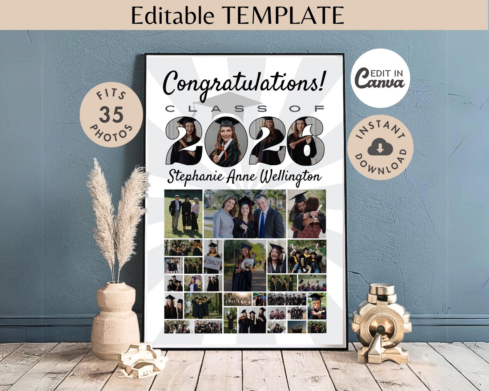 2026 Graduation Photo Collage Poster TEMPLATE, Printable Personalized ...