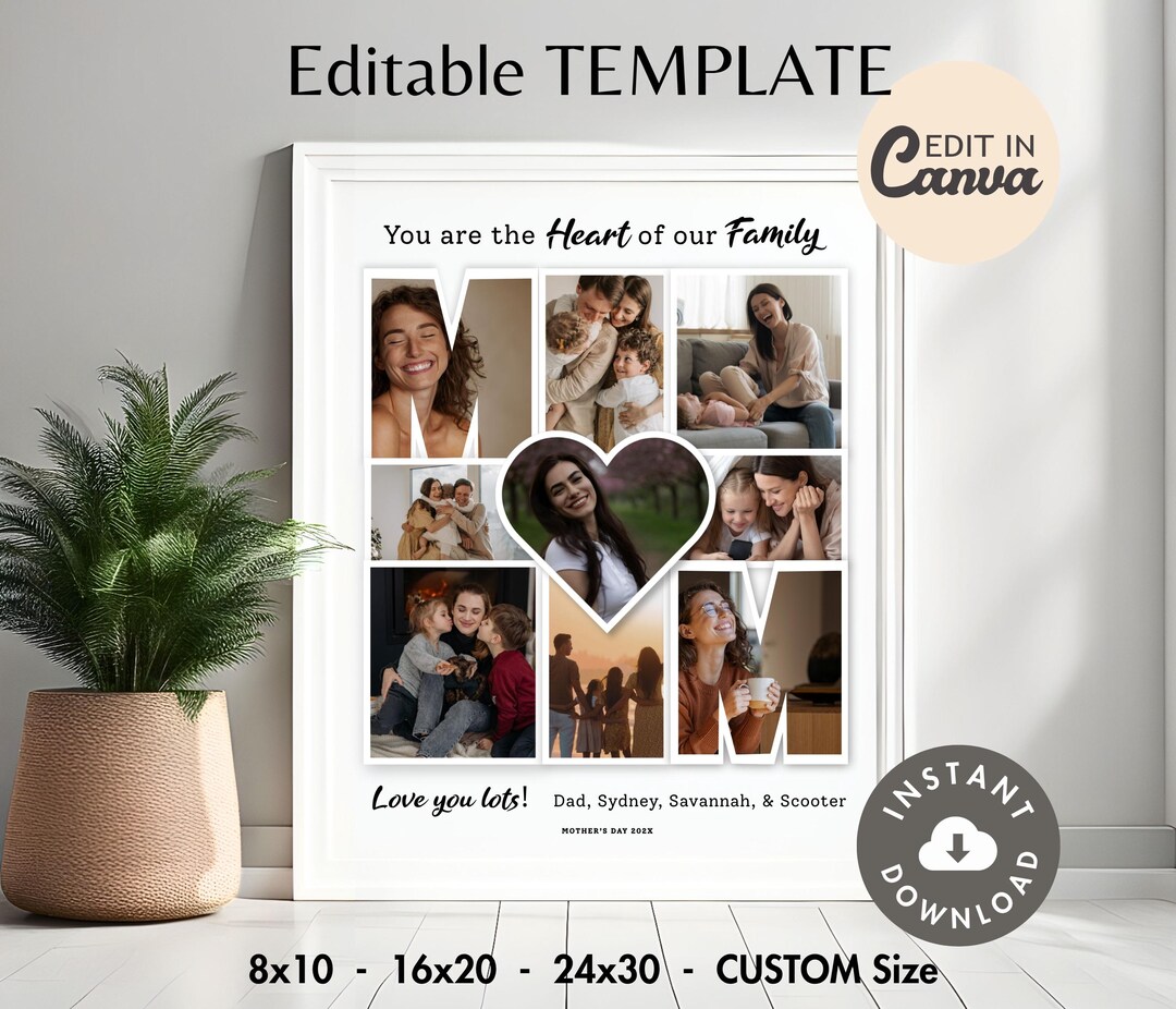 Editable MOM Heart of Family Photo Collage Frame Canva TEMPLATE ...