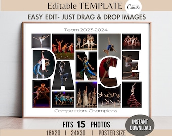 Editable 15-Photo DANCE Word Collage Canva TEMPLATE, Printable Dancing Team Poster, DIY Personalized End of Year Dancer/Coach Gift