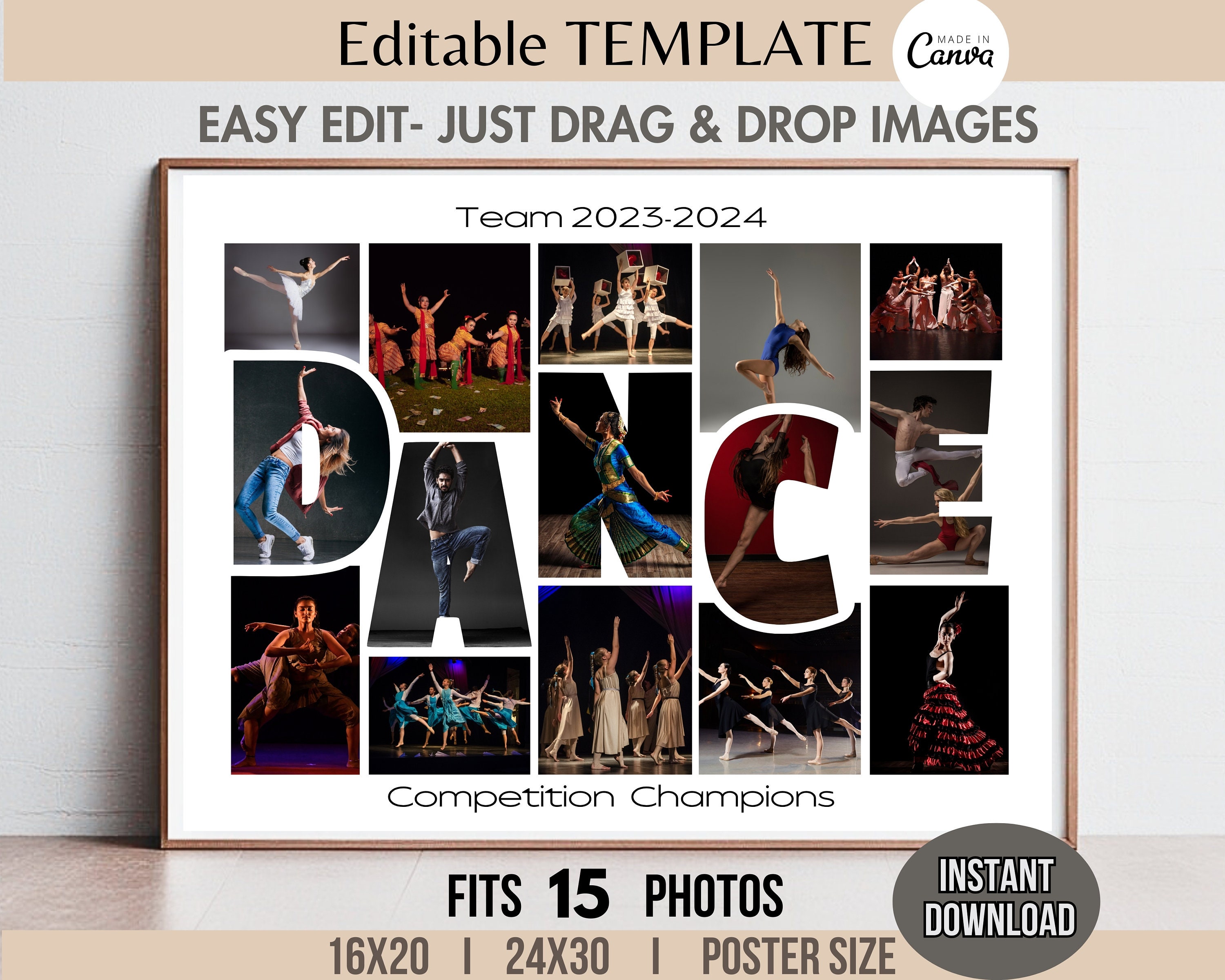 Editable 15-photo DANCE Word Collage Canva TEMPLATE, Printable