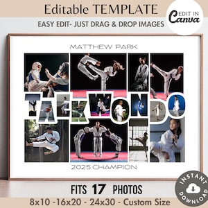 Puede incluir: Una plantilla imprimible para un collage de fotos de Taekwondo. La plantilla presenta un collage de 17 fotos en un diseño que deletrea la palabra "Taekwondo". La plantilla es personalizable y se puede imprimir en varios tamaños, incluidos 8x10 pulgadas, 16x20 pulgadas y 24x30 pulgadas.