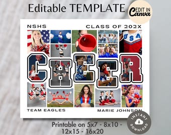 CHEER Photo Collage Word Frame Editable TEMPLATE Custom Printable Varsity Sports Team Poster DIY Personalized Senior Cheerleader/Coach Gift