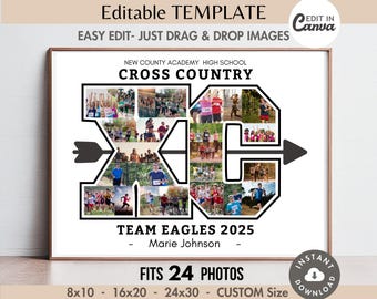May include: A digital photo collage template for New County Academy High School Cross Country, featuring the letters XC with an arrow, space for 24 photos, the text Team Eagles 2025, and Marie Johnson, with editable dimensions of 8x10, 16x20, and 24x30 inches.