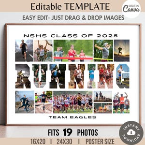 Collage de palabras de 19 fotos editables de CORRER PLANTILLA CANVA Póster deportivo imprimible Regalo de corredor personalizado Imagen de cuadrícula de letras personalizable
