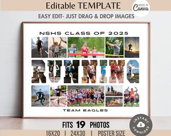 RUNNING Photo Collage Word Frame TEMPLATE, Custom Printable Track/Cross Country/Marathon Sports Poster, DIY Personalized Senior Runner Gift