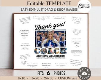 Pode incluir: Um cartaz de agradecimento imprimível para um treinador de voleibol. O cartaz apresenta uma colagem de fotos da equipe e as palavras "Obrigado!" e "Treinador". O cartaz também inclui citações dos membros da equipe sobre seu treinador. O cartaz é projetado para caber seis fotos e está disponível nos tamanhos 8x10, 16x20, 24x30 e personalizado.