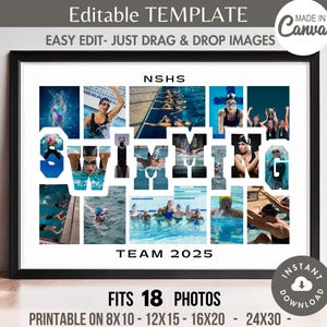 Bearbeitbare SWIMMING Wort-Fotocollage VORLAGE Druckbare Sport-Team-Poster Personalisierte Senior Athlet / Trainer Geschenk DIY Pic Grid 8x10