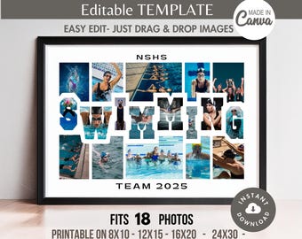 Editable SWIMMING Word Photo Collage TEMPLATE Printable Sports Team Poster Custom Personalized Senior Athlete/Coach Gift DIY Pic Grid 8x10