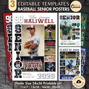 May include: Three baseball senior poster templates with editable text. The posters feature photos of baseball players, team photos, and the text "SENIOR 2026". The poster size is 24x36 inches and printable on various sizes.
