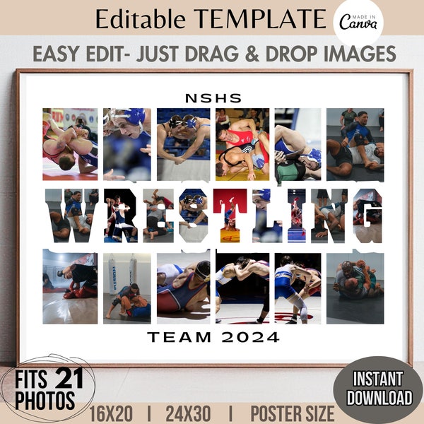 Editable 21-Photo WRESTLING Collage Canva TEMPLATE Sports Team Poster Banner Sign Custom Design Customizable DIY Letter Picture Grid Image