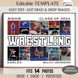 Pode incluir: Um modelo de colagem de fotos editável com tema de luta livre, contendo o texto NSHS CLASS OF 2024, WRESTLING, EAGLES e MARVIN JOHNSON. O layout inclui 14 quadros para imagens de lutadores em várias partidas, para tamanhos de 40x50 e 60x76 cm.