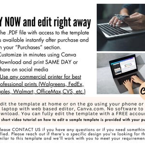 May include: A digital illustration of a laptop computer with the text "EDIT IN Canva" on the screen. The text "BUY NOW and edit right away" is at the top of the image. The image includes a list of features and benefits of purchasing the product.