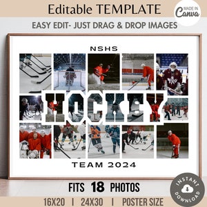 May include: A white poster with a hockey theme. The poster has 18 photo placeholders, a large black and white "HOCKEY" text, and the text "NSHS TEAM 2024".