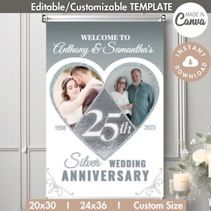Editable 2-Photo 25th Silver Wedding Anniversary Heart Pic Collage Party Poster Sign 25 Years Couple Gift CUSTOM DIY Canva TEMPLATE 24x36