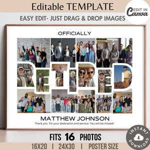 Bewerkbare GEPENSIONEERDE woord fotocollage frame canva sjabloon afdrukbare aangepaste waardering poster DIY gepersonaliseerde pensioen cadeau 8 x 10 afdrukken