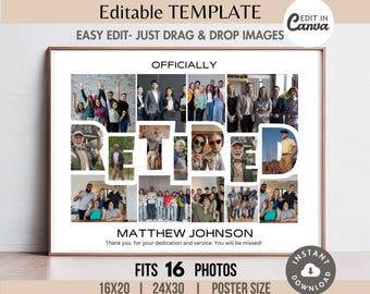 Editable RETIRED Word Photo Collage Frame Canva TEMPLATE Printable Custom Appreciation Poster DIY Personaized Retirement Gift 8x10 Print