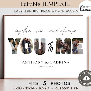 Plantilla de marco de collage de fotos con palabras "Tú y yo" editable, póster de corazón de San Valentín personalizado para imprimir, regalo de aniversario para pareja o amante, impresión de 8 x 10