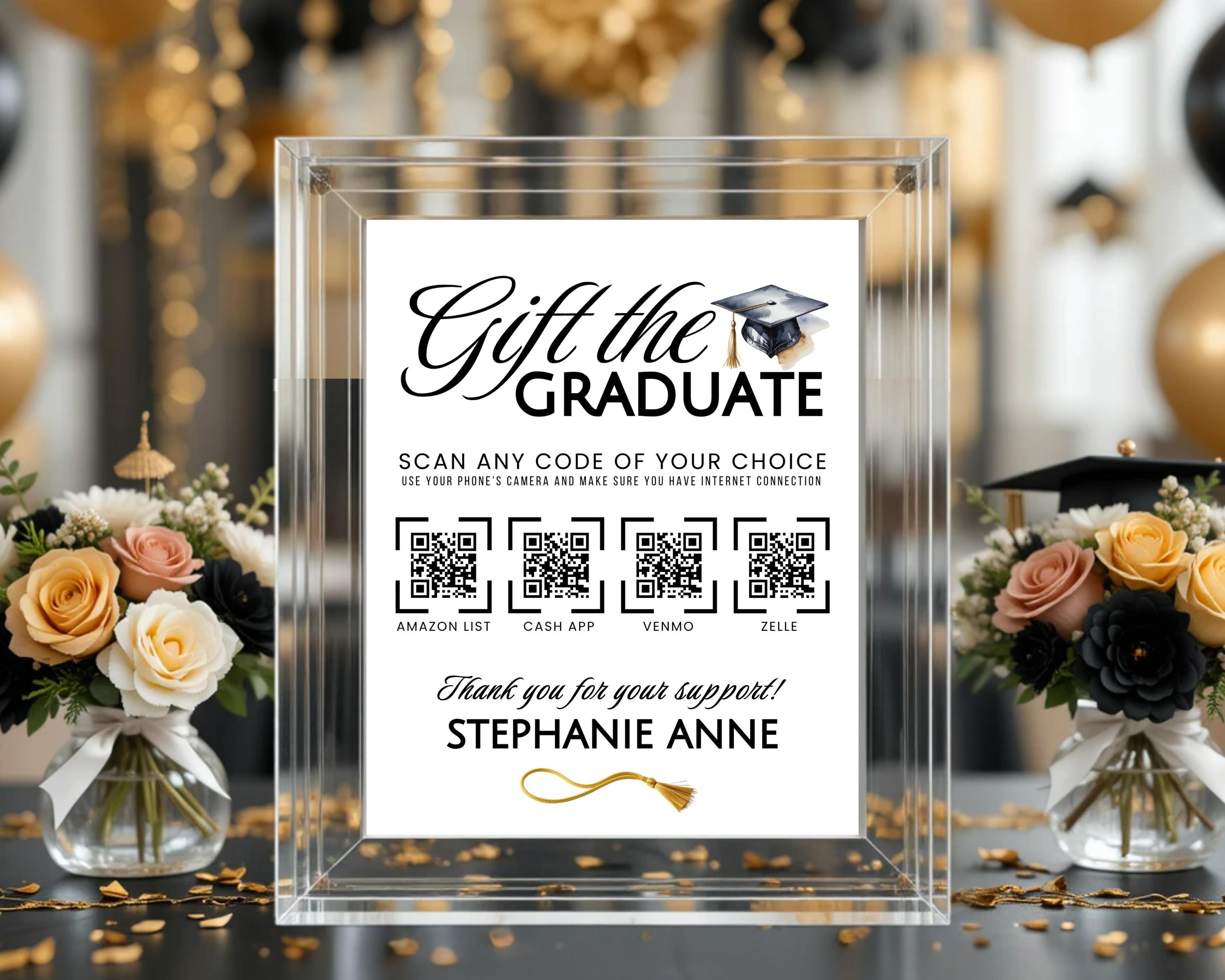 Graduation QR Code Table Sign Editable Template, Scan to Gift the ...