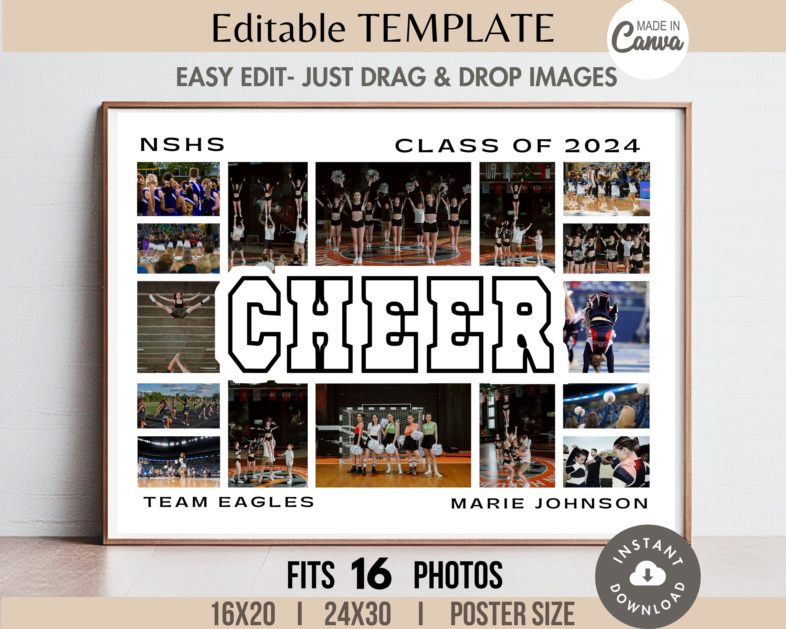 Editable 16-photo CHEER Word Collage Canva TEMPLATE Sports Team Poster ...