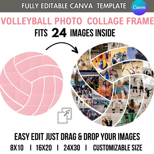 VOLLEYBALL Photo Collage Frame TEMPLATE Sports Team Poster Banner Sign Custom Design DIY Customizable 24-Picture Editable in Canva 16x20