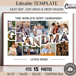 Marco de fotos editable con la palabra "ABUELA", plantilla de Canva, personalizable, para regalo de cumpleaños o día de la madre, imprimible, recuerdo de homenaje, 8 x 10