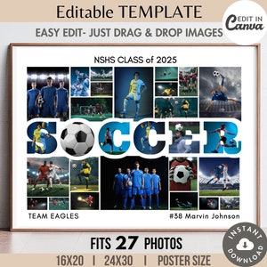 Modelo de colagem de futebol editável com 27 fotos, pôster de time esportivo para impressão, presente personalizado para atleta/treinador sênior, grade de imagens faça você mesmo, 8x10