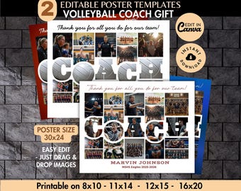 Pode incluir: Dois modelos de cartazes editáveis para presentes de treinador de voleibol. Os cartazes apresentam uma colagem de fotos, a palavra "COACH" com bolas de voleibol e o texto "Obrigado por tudo o que fazes pela nossa equipa!" Tamanho do cartaz 76x61 cm.